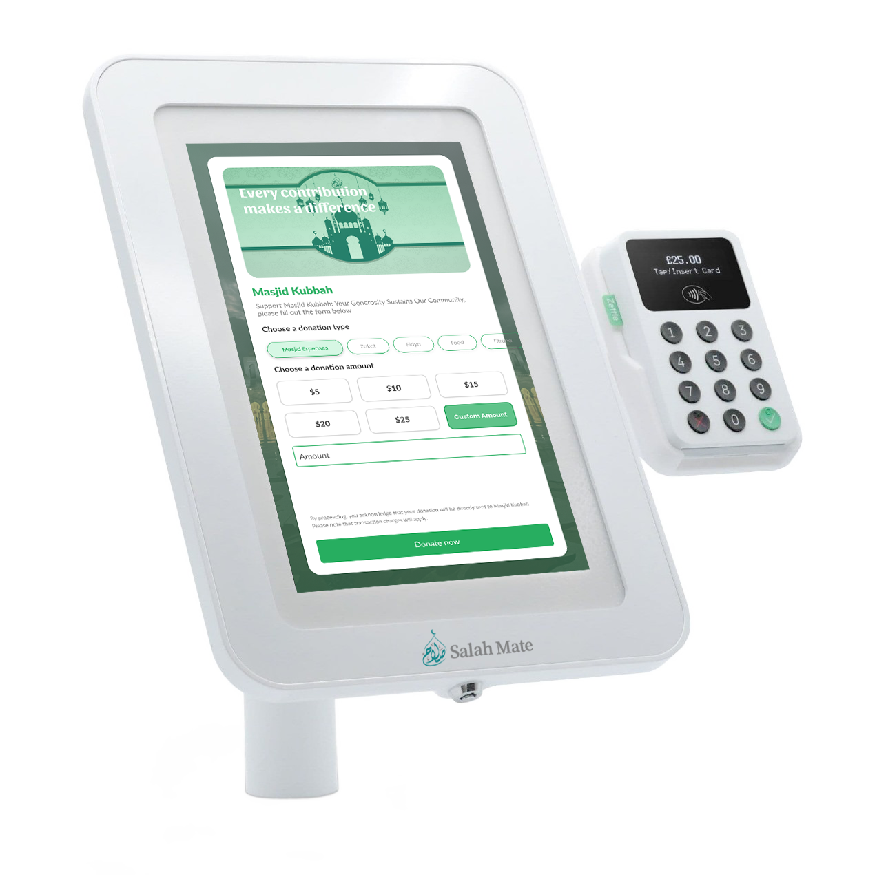 Welcome to Salah Mate Kiosk – the cutting-edge solution designed to simplify and enhance the donation experience in mosques. Whether you purchase a complete kiosk from us or install our application on your existing kiosk, Salah Mate Kiosk offers a seamless, cashless donation process that benefits both donors and the mosque.