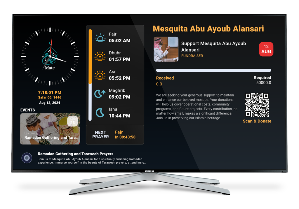 The innovative app designed to enrich the experience of mosque attendees through your Smart TV. Seamlessly integrated with the Salah Mate Platform, this app provides essential information and services to keep your community informed and engaged.