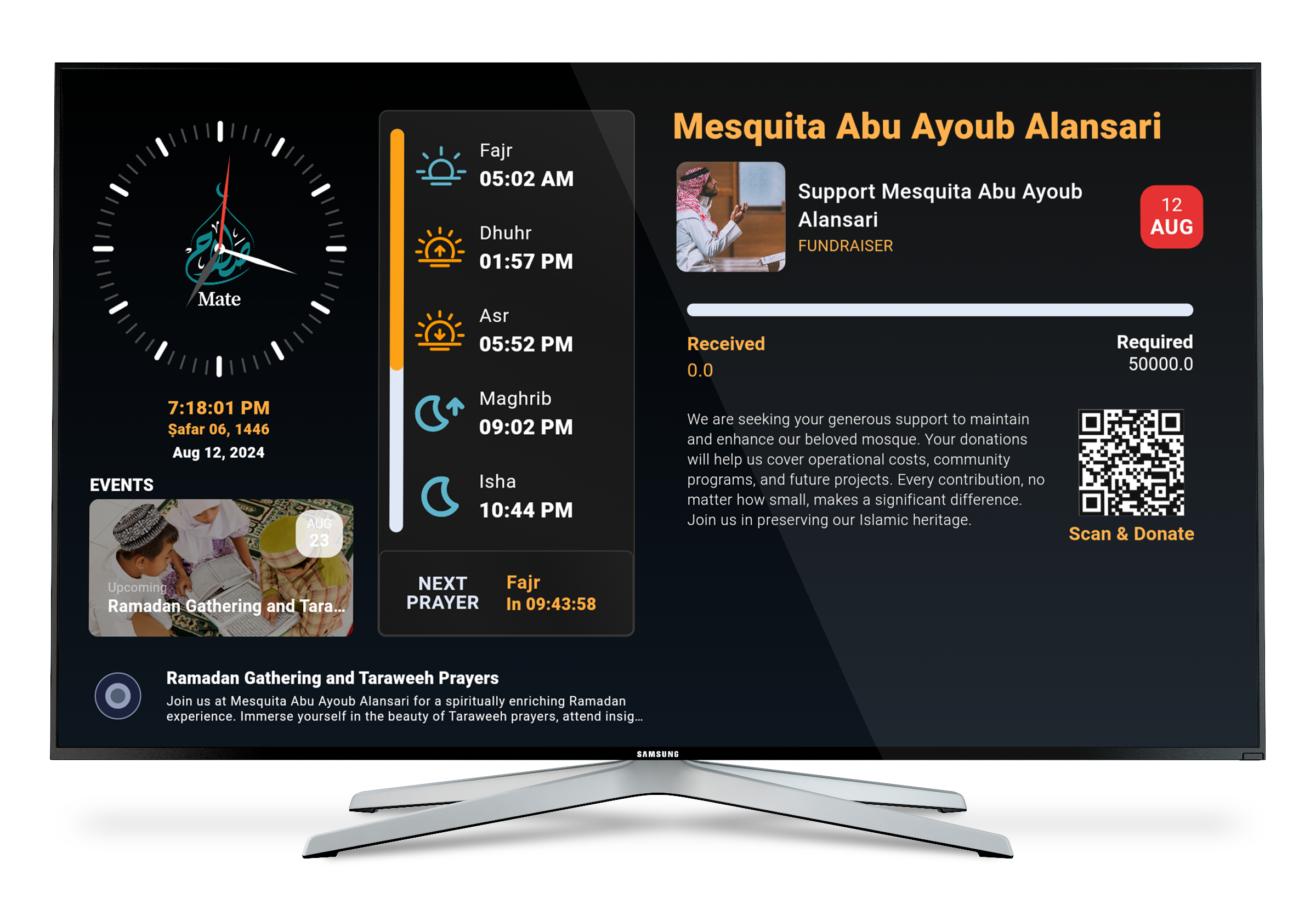 The innovative app designed to enrich the experience of mosque attendees through your Smart TV. Seamlessly integrated with the Salah Mate Platform, this app provides essential information and services to keep your community informed and engaged.