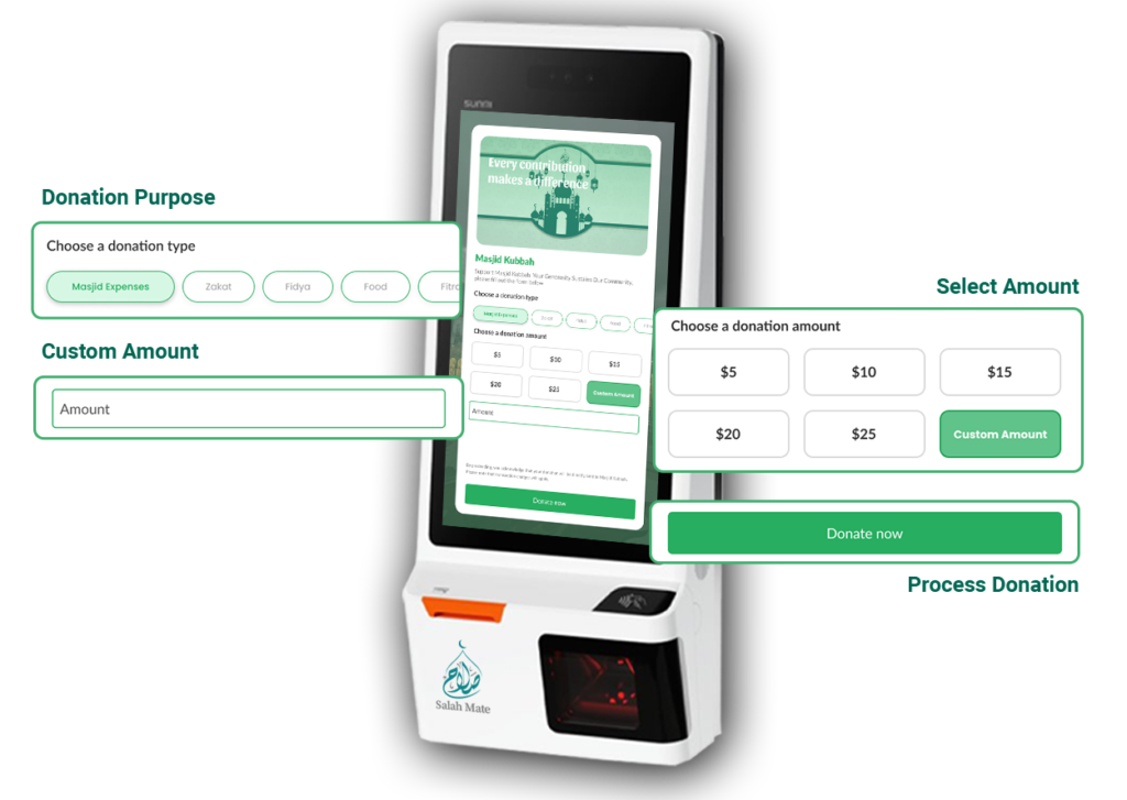 Join the cashless revolution and elevate your mosque's fundraising efforts with Salah Mate Kiosk.