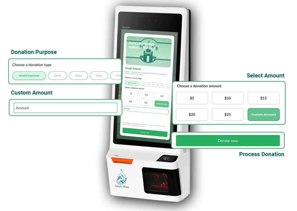 Join the cashless revolution and elevate your mosque's fundraising efforts with Salah Mate Kiosk.
