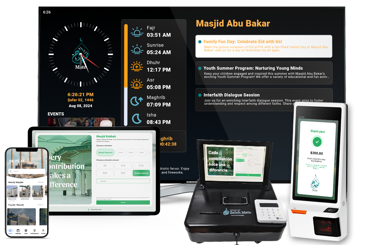 Home 1 Salah Mate mosque management software ecosystem showing a smartphone with prayer times, a tablet with donation options, and a kiosk with a successful $200 donation, alongside a TV display with Masjid Abu Bakar event schedules