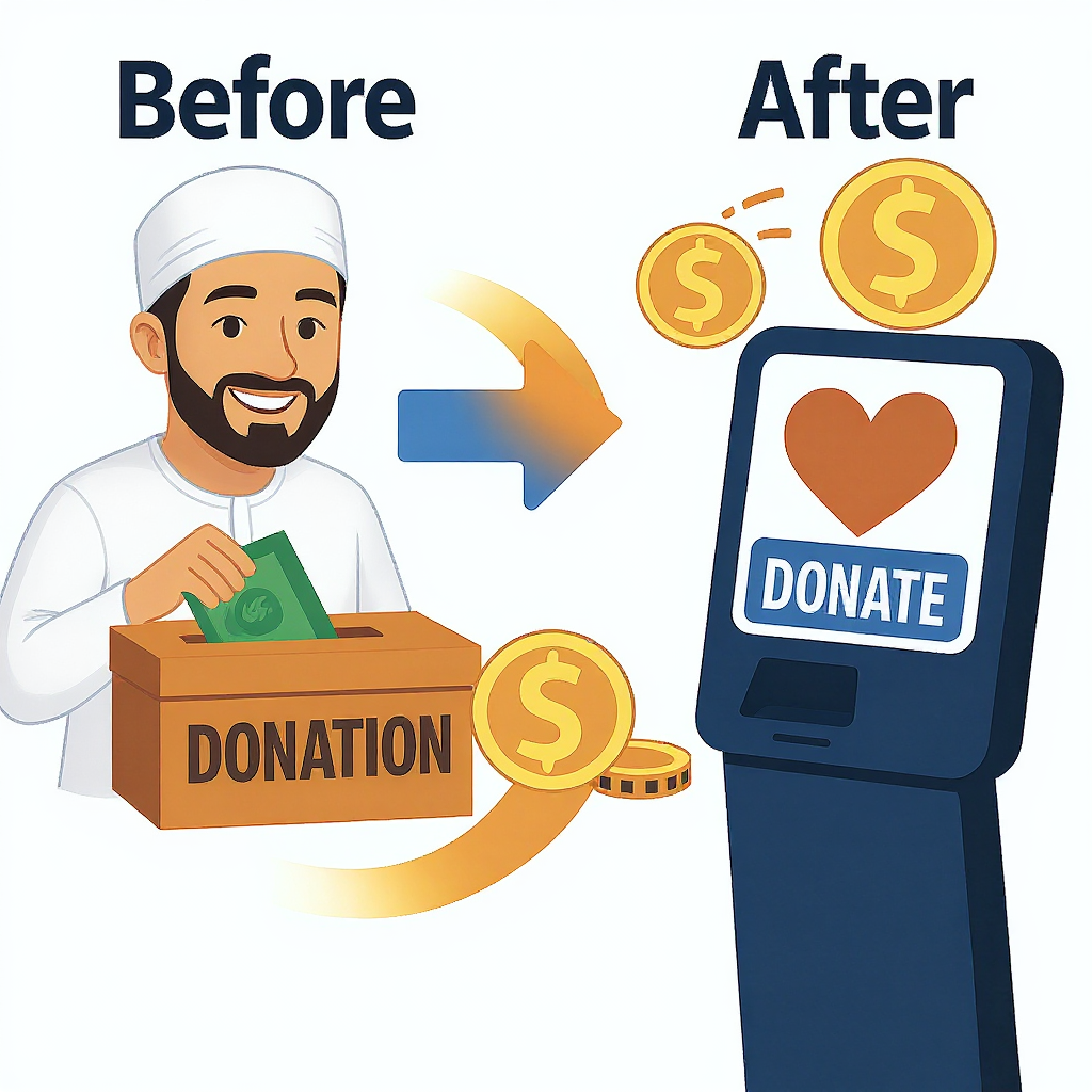 Salah Mate Kiosk App for cashless mosque donations in 2025 with QR code and prayer times