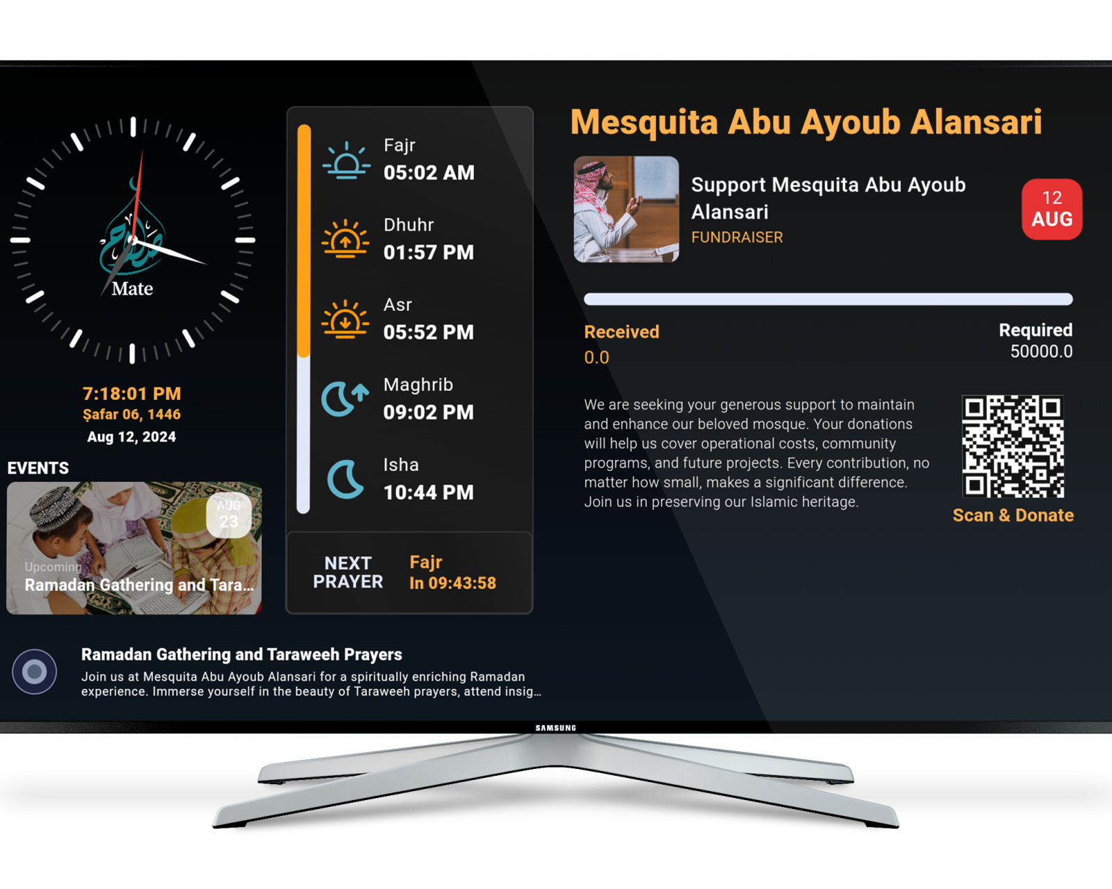 The innovative app designed to enrich the experience of mosque attendees through your Smart TV. Seamlessly integrated with the Salah Mate Platform, this app provides essential information and services to keep your community informed and engaged.